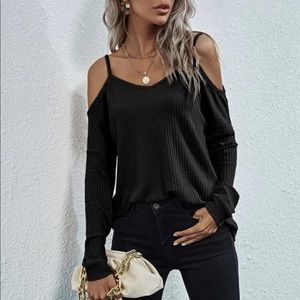 Black Waffle knit long sleeve cold shoulder top
